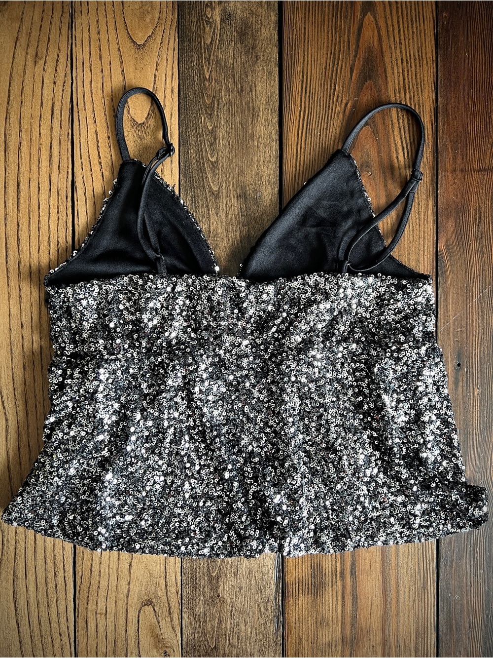 MONTEAU Los Angeles • sequined silver babydoll crop cami top festival party glam - Picture 9 of 14